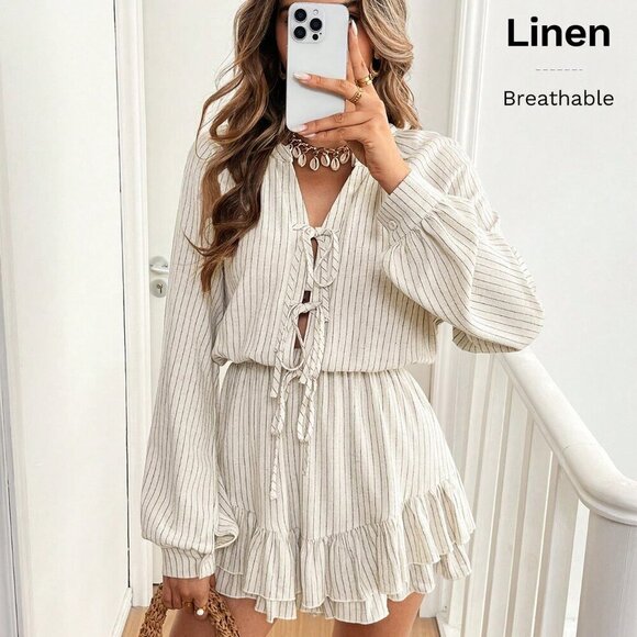 Casual Womens Striped Surplice V Neck Long Sleeve Tie Front Jumpsuit - Picture 7 of 7